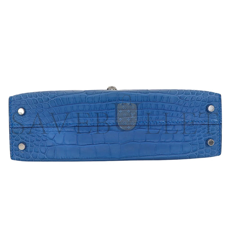 HERMÈS MASTER MINI KELLY II SELLIER BLEU ZELLIGE ALLIGATOR PALLADIUM (19.5*12*6cm)